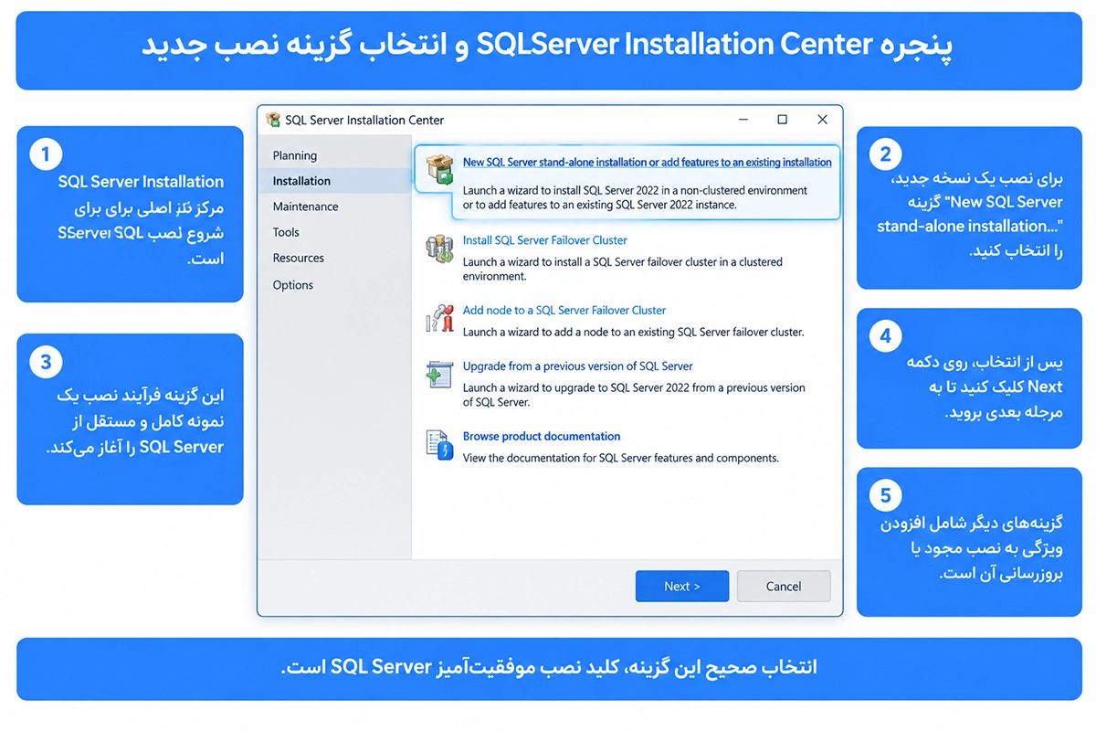 پنجره SQL Server Installation Center و انتخاب نصب جدید