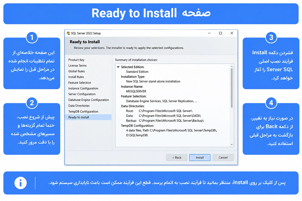 صفحه بررسی نهایی تنظیمات نصب SQL Server 2022
